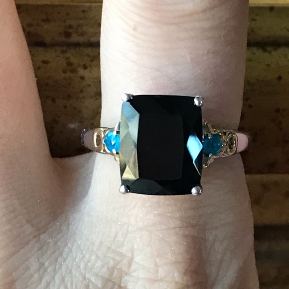 Natural Black Jade Blue Apatite Sterling Silver Ring - Picture 1 of 8